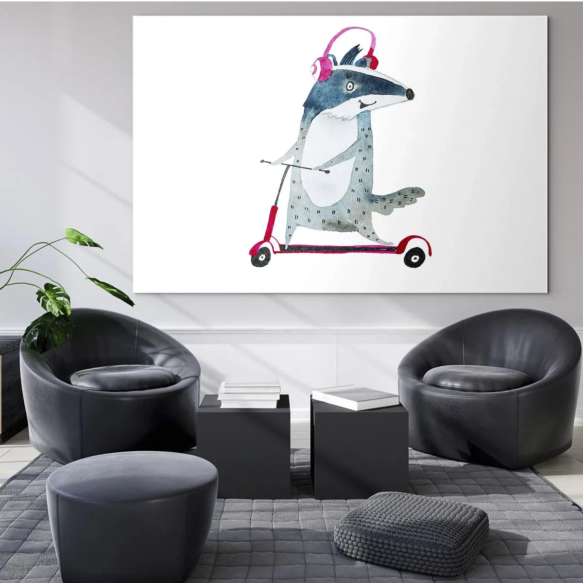 Obraz na szkle - Borsuk w słuchawkach na hulajnodze w stylu akwareli - 70x50cm - Borsucze radości - Nowoczesna dekoracja ścienna do salonu i sypialni ARTTOR