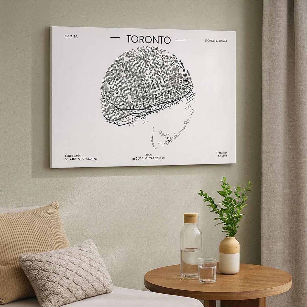 Obraz na płótnie - Mapa Toronto w minimalistycznym, czarno-białym stylu - 70x50cm - Anatomia Toronto - Nowoczesna dekoracja ścienna do salonu i sypialni ARTTOR