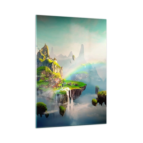 Obraz na szkle - Latające wyspy w chmurach z tęczą i wodospadami - 50x70cm - Śródniebie - wyspy szczęśliwe - Nowoczesna dekoracja ścienna do salonu, kuchni i sypialni ARTTOR