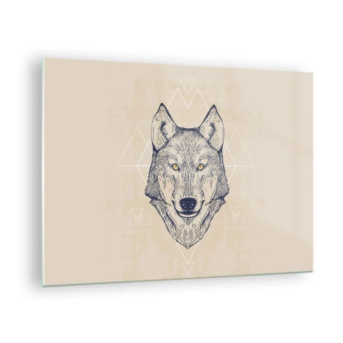 Obraz na szkle - Głowa wilka na tle geometrycznych wzorów - 70x50cm - Alfa o przenikliwym spojrzeniu - Nowoczesna dekoracja ścienna do salonu i sypialni ARTTOR