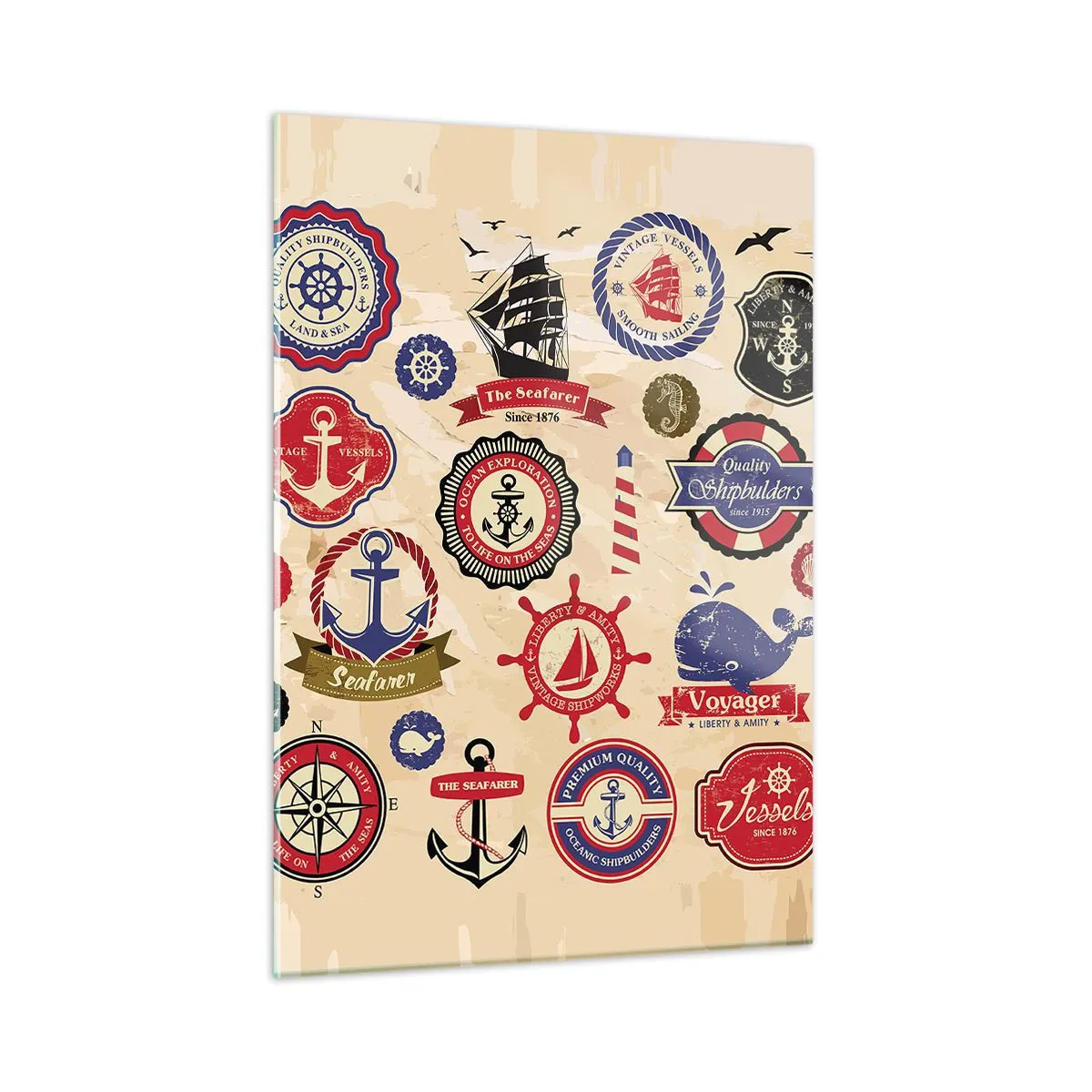 Obraz na szkle - Marynistyczne emblematy i symbole na beżowym tle - 50x70cm - Żeglarskie braterstwo - Nowoczesna dekoracja ścienna do salonu, kuchni i sypialni ARTTOR