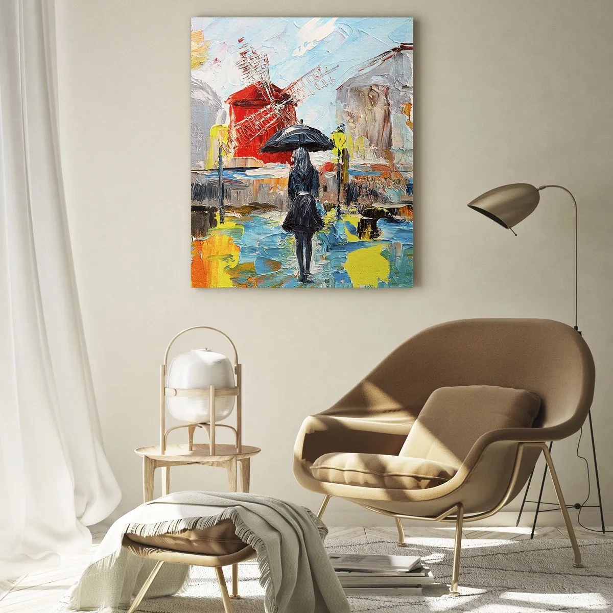 Obraz na szkle - Kobieta z parasolem na tle miasta w stylu impresji - 50x70cm - Paryskie legendy - Nowoczesna dekoracja ścienna do salonu, kuchni i sypialni ARTTOR