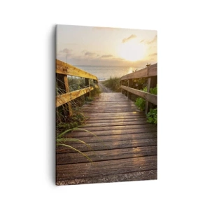 Obraz na płótnie - Drewniana ścieżka prowadząca na plażę o zachodzie słońca - 50x70cm - I wprost nad brzeg - Nowoczesna dekoracja ścienna do salonu, kuchni i sypialni ARTTOR