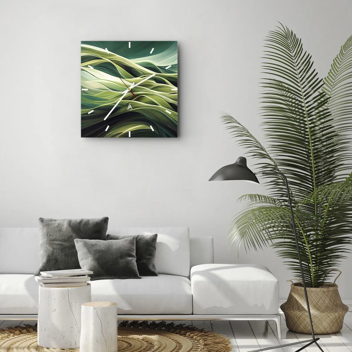Zegar ścienny - Dynamiczne linie w odcieniach zieleni - 30x30cm - Abstrakcyjna gra w zielone - Nowoczesna dekoracja ścienna do salonu i sypialni ARTTOR