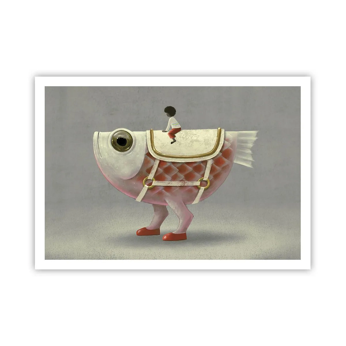 Plakat - Fantazyjny jeździec na rybie z nogami i siodłem - 100x70cm - Ryboński jeździec - Nowoczesna dekoracja ścienna do salonu i sypialni ARTTOR