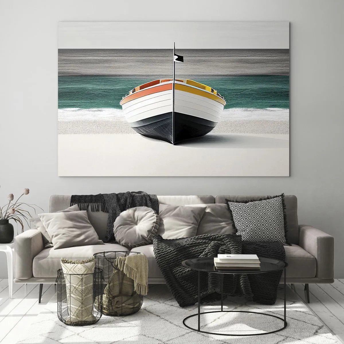 Obraz na szkle - Kolorowa łódź na plaży z turkusowym morzem w tle - 70x50cm - Na swoim miejscu - Nowoczesna dekoracja ścienna do salonu i sypialni ARTTOR