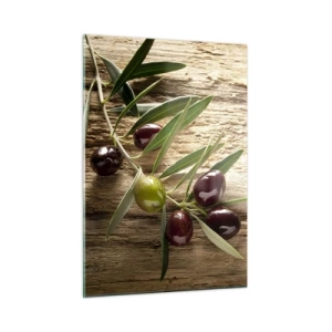Obraz na szkle - Gałązka oliwna na drewnianym tle - 50x70cm - Prosto od natury - Nowoczesna dekoracja ścienna do salonu, kuchni i sypialni ARTTOR