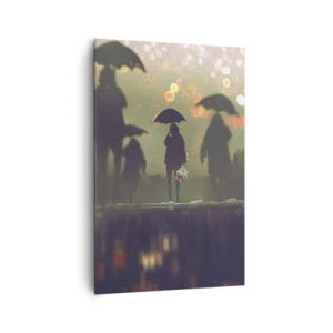 Obraz na płótnie - Postać z parasolem w deszczowy wieczór wśród świateł miasta - 80x120cm - Z perspektywy kropli deszczu - Nowoczesna dekoracja ścienna do salonu i sypialni ARTTOR