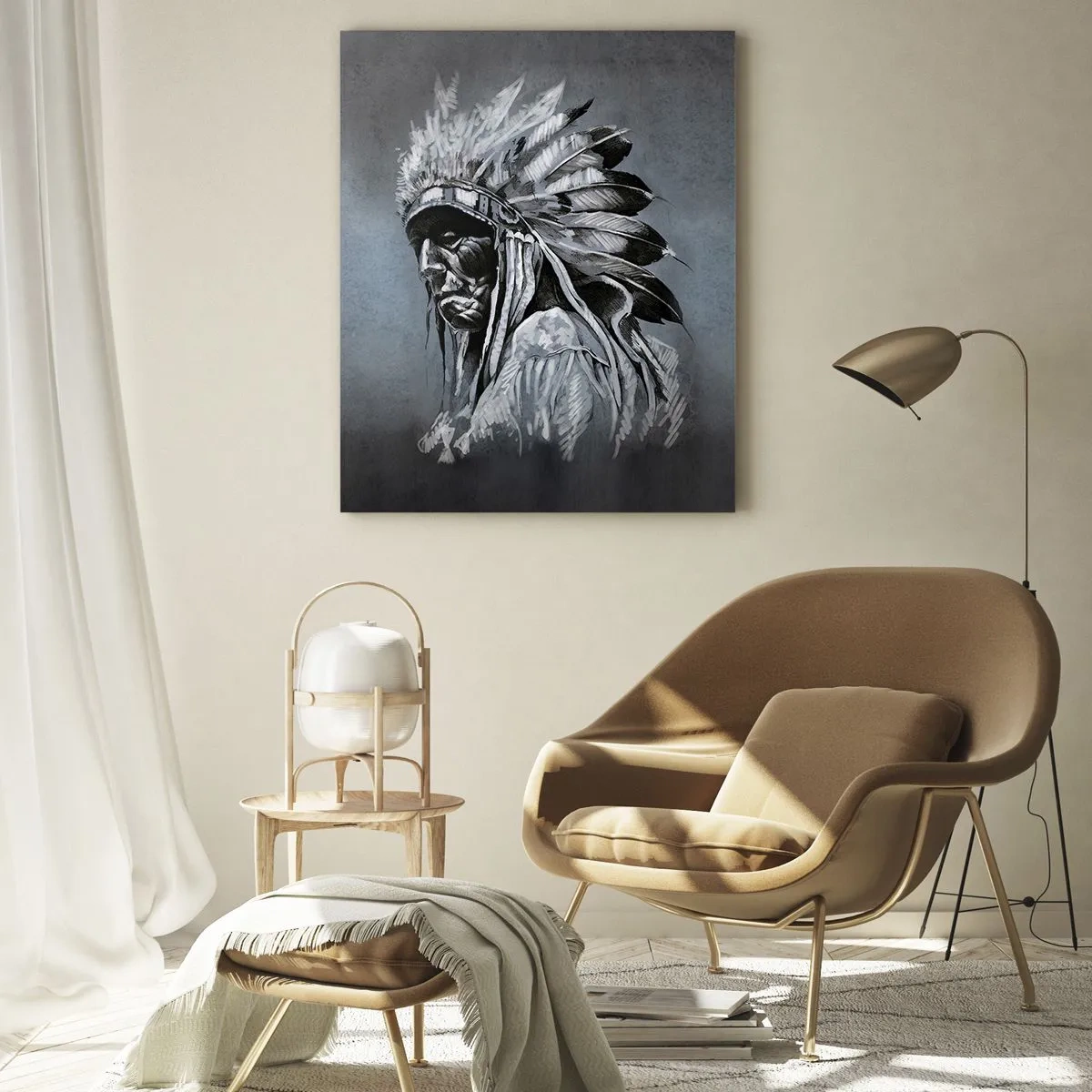 Obraz na szkle - Portret wodza indiańskiego w tradycyjnym pióropuszu - 80x120cm - Powrót do korzeni - Nowoczesna dekoracja ścienna do salonu i sypialni ARTTOR