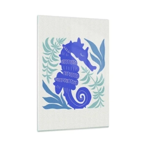 Obraz na szkle - Stylizowany konik morski otoczony delikatnymi roślinnymi wzorami - 80x120cm - Na podwodnej łące - Nowoczesna dekoracja ścienna do salonu i sypialni ARTTOR