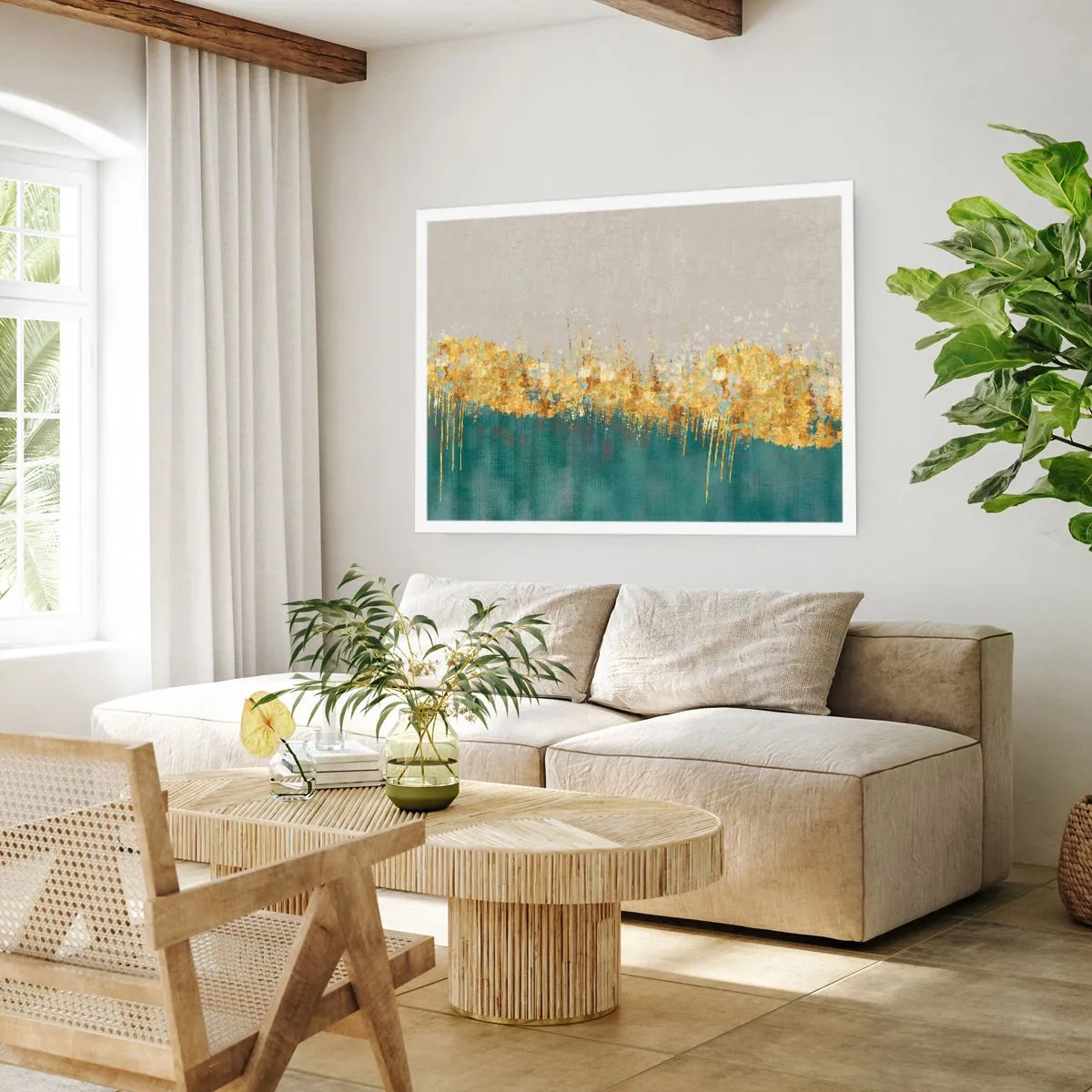 Plakat - Złote akcenty na zielono-beżowym tle - 100x70cm - Złota granica - Nowoczesna dekoracja ścienna do salonu i sypialni ARTTOR