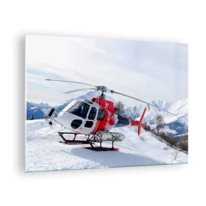Obraz na szkle - Czerwony helikopter w zimowej scenerii gór - 70x50cm - Zawsze gotowy - Nowoczesna dekoracja ścienna do salonu i sypialni ARTTOR