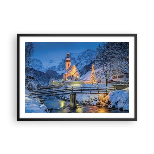 Plakat w czarnej ramie - Zimowy krajobraz z kościołem, mostem i górami o zmierzchu - 70x50cm - Duch Świąt - Nowoczesna dekoracja ścienna do salonu i sypialni ARTTOR