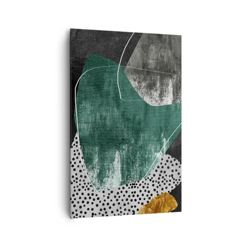 Obraz na płótnie - Abstrakcyjna kompozycja z zielonymi kształtami i wzorami kropek - 80x120cm - Barwna abstrakcja z płatkiem złota - Nowoczesna dekoracja ścienna do salonu i sypialni ARTTOR
