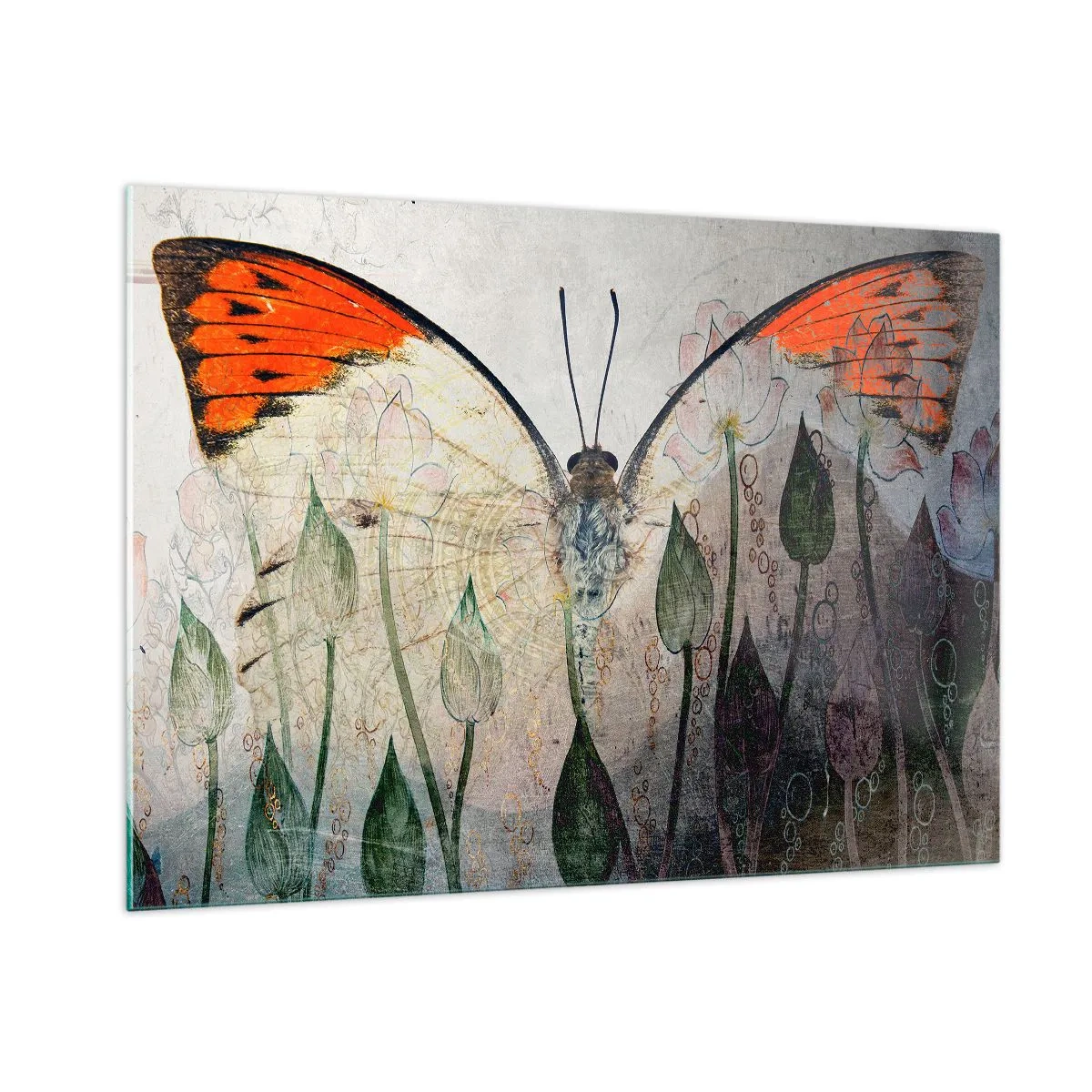 Obraz na szkle - Artystyczny motyl w otoczeniu delikatnych kwiatów na szarym tle - 100x70cm - "Kędy się motyl kołysa na trawie" - Nowoczesna dekoracja ścienna do salonu, kuchni i sypialni ARTTOR