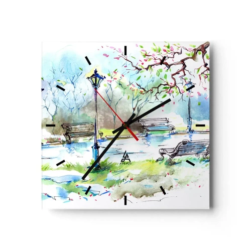 Zegar ścienny - Akwarelowa scena parku z ławkami i lampami - 30x30cm - Czar parkowej ciszy - Nowoczesna dekoracja ścienna do salonu i sypialni ARTTOR