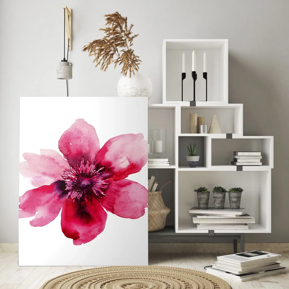 Obraz na szkle - Różowy kwiat w akwarelowym stylu na białym tle - 70x100cm - Karminowy wonny pocałunek - Nowoczesna dekoracja ścienna do salonu i sypialni ARTTOR