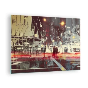 Obraz na szkle - Nocny krajobraz miasta z neonowymi światłami i sylwetkami przechodniów - 70x50cm - Wielkomiejska przeprawa - Nowoczesna dekoracja ścienna do salonu i sypialni ARTTOR