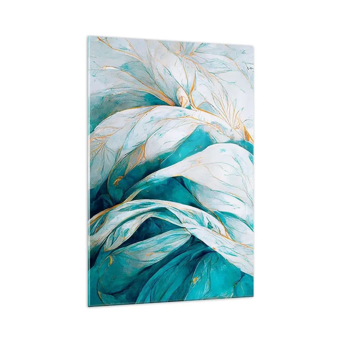 Obraz na szkle - Abstrakcyjne błękitne liście ze złotymi detalami - 70x100cm - Błękitna abstrakcja z motywem złota - Nowoczesna dekoracja ścienna do salonu i sypialni ARTTOR
