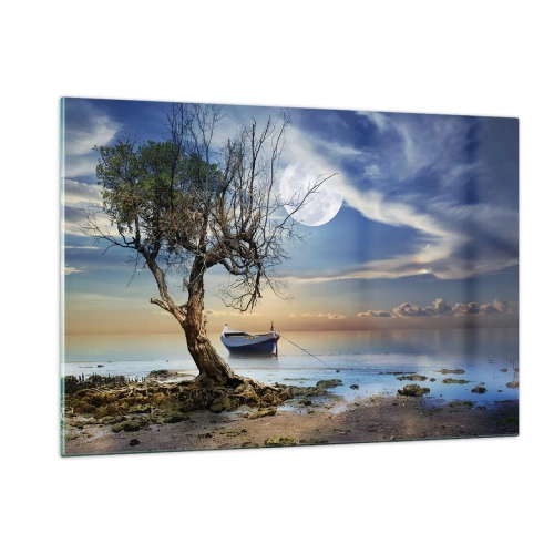 Obraz na szkle - Samotna łódź przy drzewie na tle księżyca - 120x80cm - To koniec czy początek? - Nowoczesna dekoracja ścienna do salonu, kuchni i sypialni ARTTOR