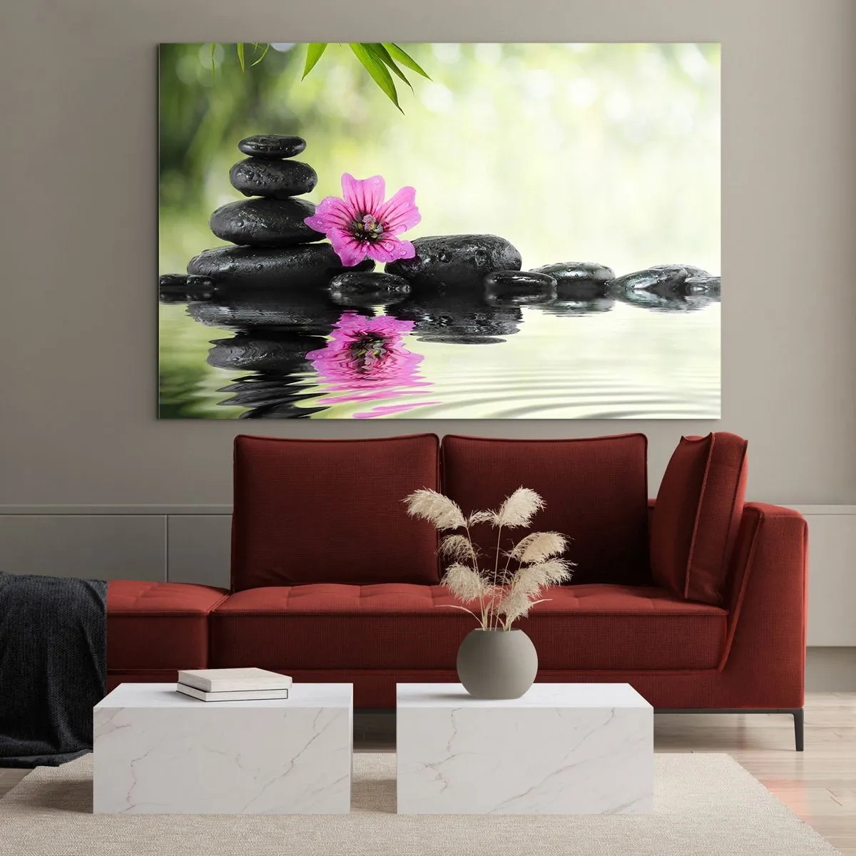 Obraz na szkle - Czarne kamienie i różowy kwiat na tle natury - 120x80cm - Czas dla duszy - Nowoczesna dekoracja ścienna do salonu, kuchni i sypialni ARTTOR