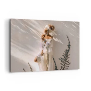 Obraz na płótnie - Kobieta w stylizacji boho oświetlona promieniami słońca - 100x70cm - Słońce i dziewczyna - Nowoczesna dekoracja ścienna do salonu, kuchni i sypialni ARTTOR