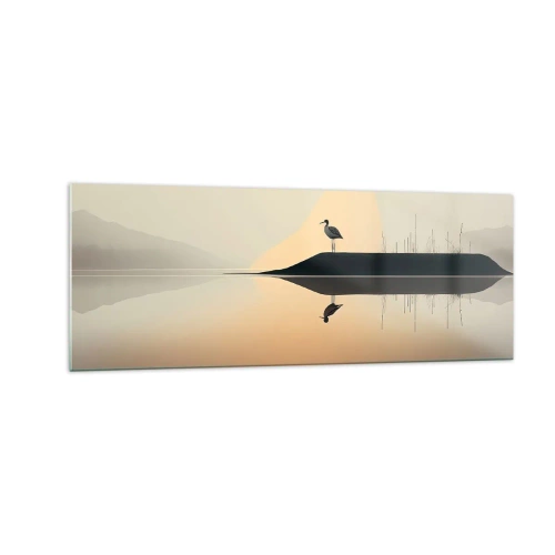 Obraz na szkle - Ptak na wyspie w spokojnym jeziorze o ciepłych odcieniach - 140x50cm - Pan na jeziorze - Nowoczesna dekoracja ścienna do salonu i sypialni ARTTOR