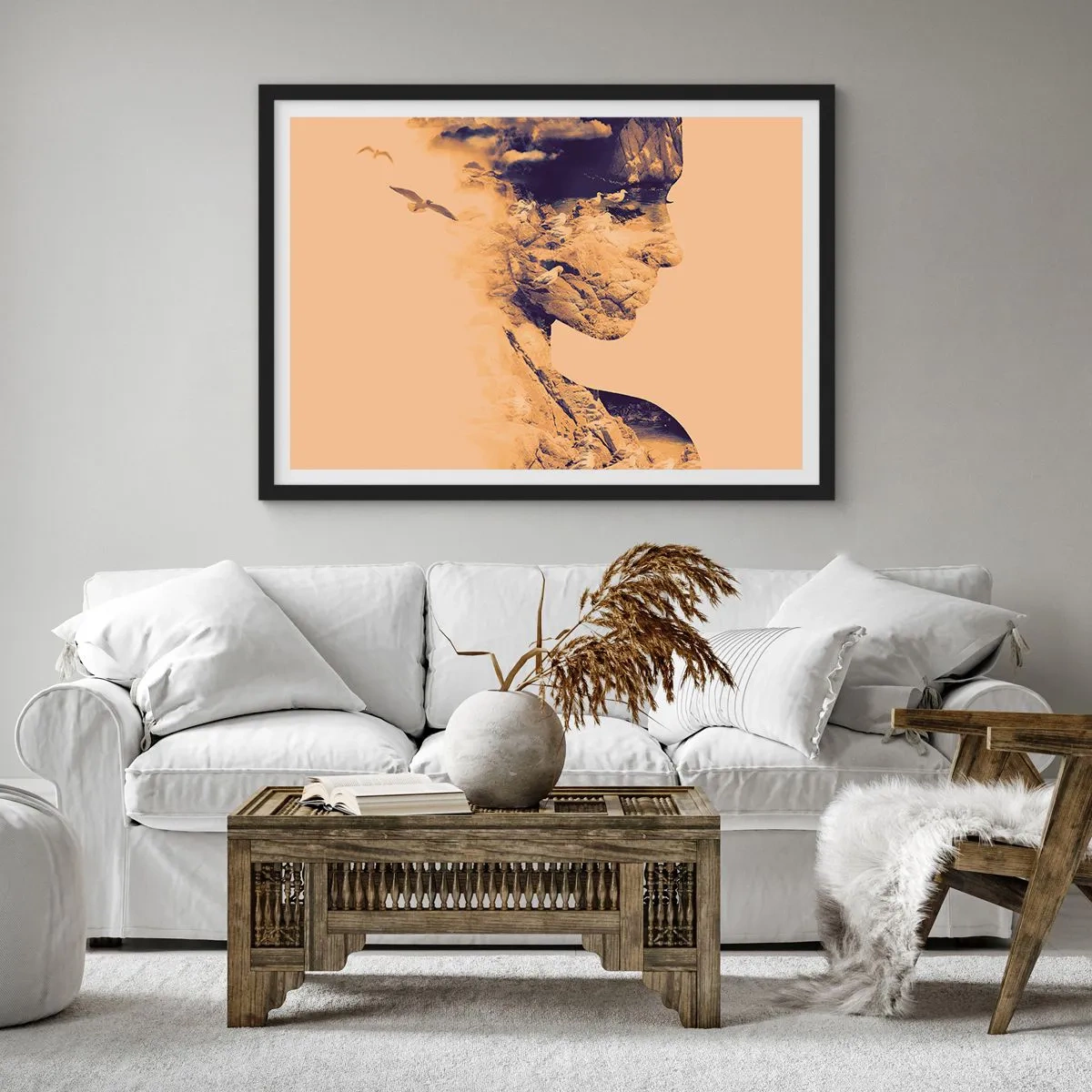 Plakat w czarnej ramie - Profil kobiety z naturą w tle w ciepłych tonach - 70x50cm - Piękna z natury - Nowoczesna dekoracja ścienna do salonu i sypialni ARTTOR