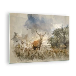 Obraz na szkle - Jeleń w naturalnym krajobrazie na tle subtelnych barw - 70x50cm - Godność - siła - dostojeństwo - Nowoczesna dekoracja ścienna do salonu i sypialni ARTTOR