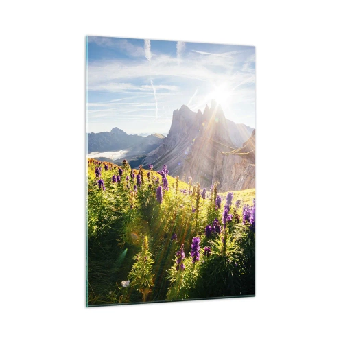 Obraz na szkle - Górska łąka pełna kwiatów na tle skalistych szczytów o wschodzie słońca - 50x70cm - Sekretne życie ziół - Nowoczesna dekoracja ścienna do salonu, kuchni i sypialni ARTTOR