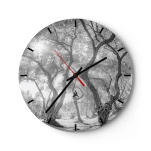 Zegar ścienny - Czarno-białe drzewa w świetle słońca w lesie - 30x30cm - W oliwnym gaju - Nowoczesna dekoracja ścienna do salonu, kuchni i sypialni ARTTOR