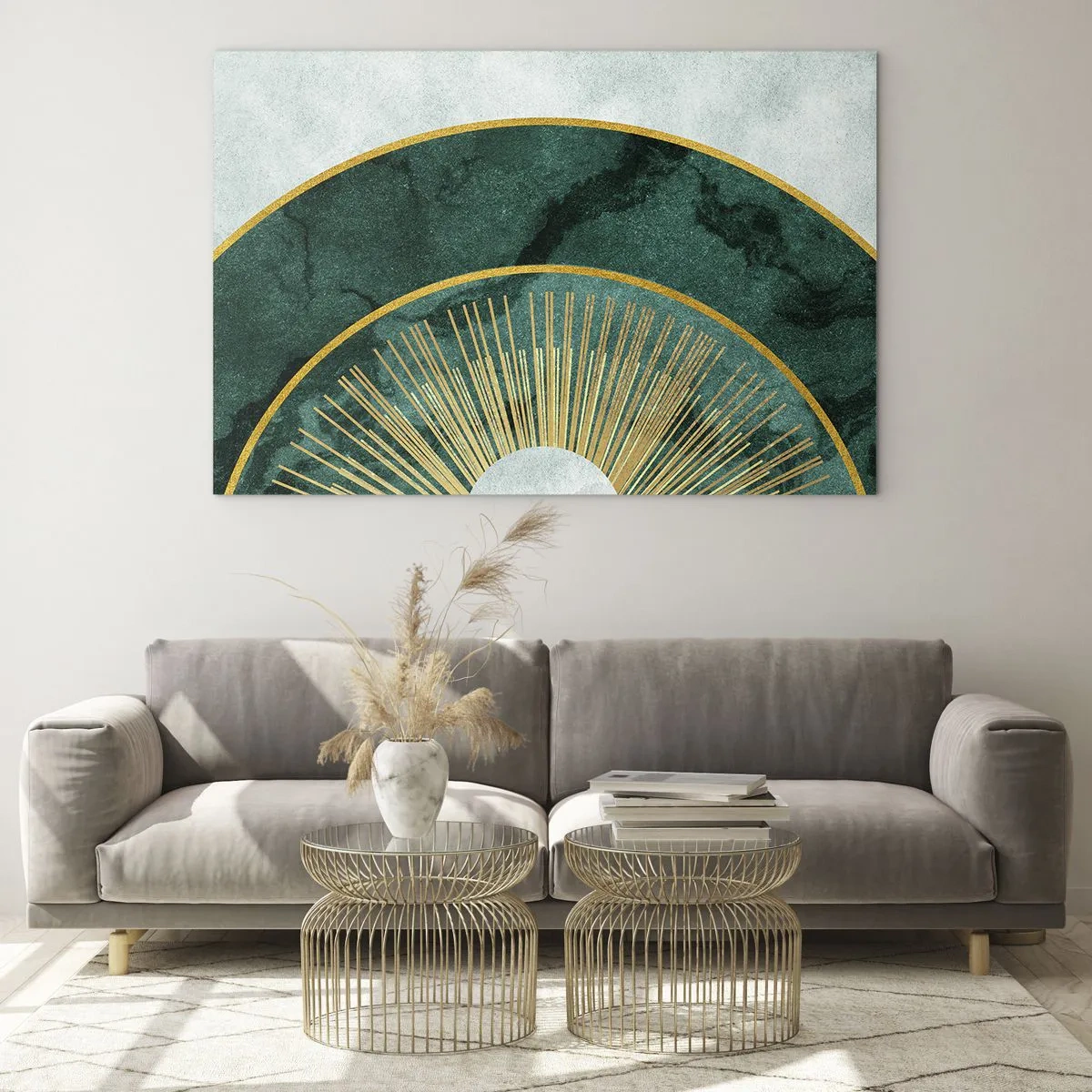 Obraz na szkle - Złote promienie na tle zielonych półokręgów o strukturze marmuru - 70x50cm - Inny układ słoneczny - Nowoczesna dekoracja ścienna do salonu i sypialni ARTTOR