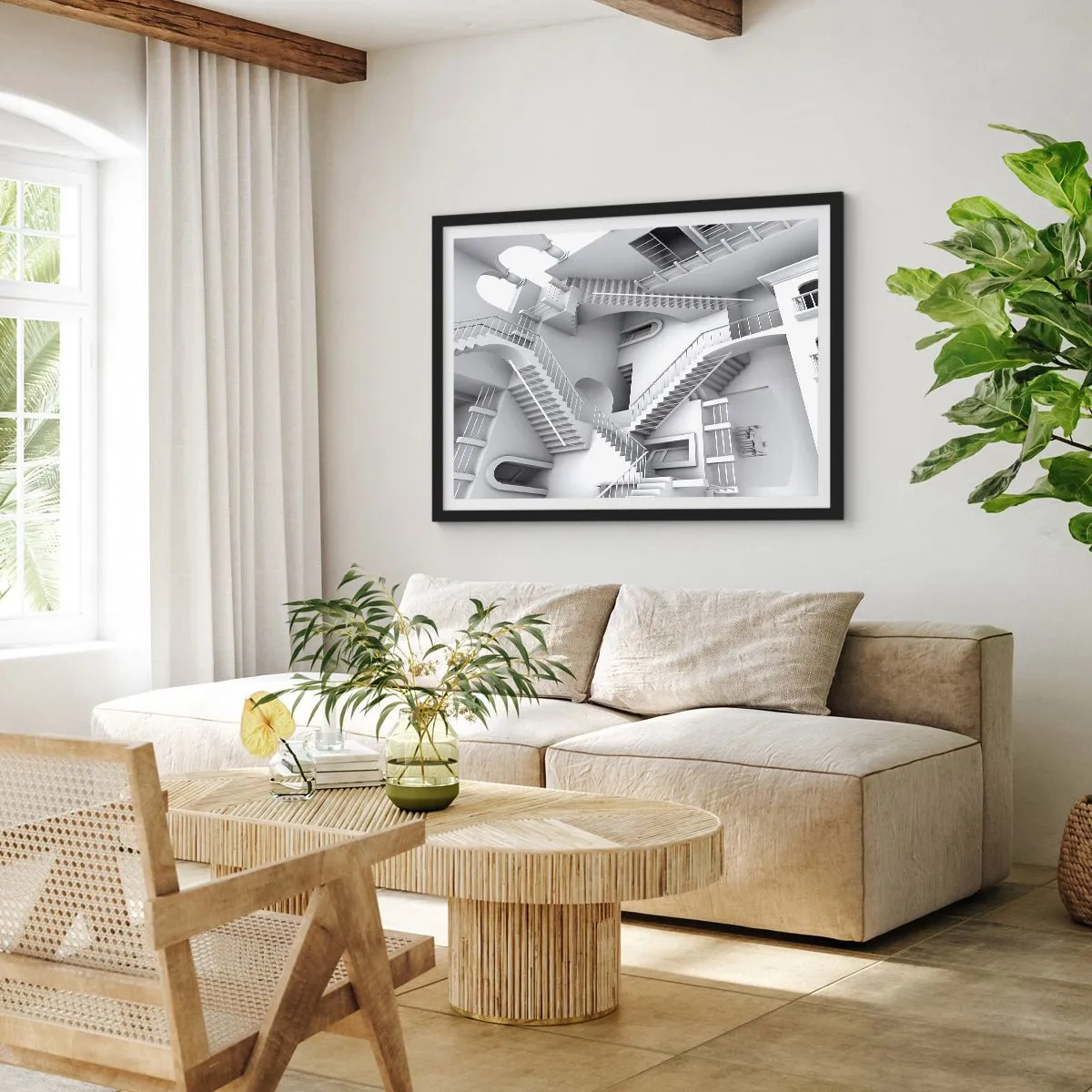 Plakat w czarnej ramie - Abstrakcyjna kompozycja schodów w surrealistycznym układzie przestrzeni - 100x70cm - Paradoksy przestrzeni - Nowoczesna dekoracja ścienna do salonu i sypialni ARTTOR