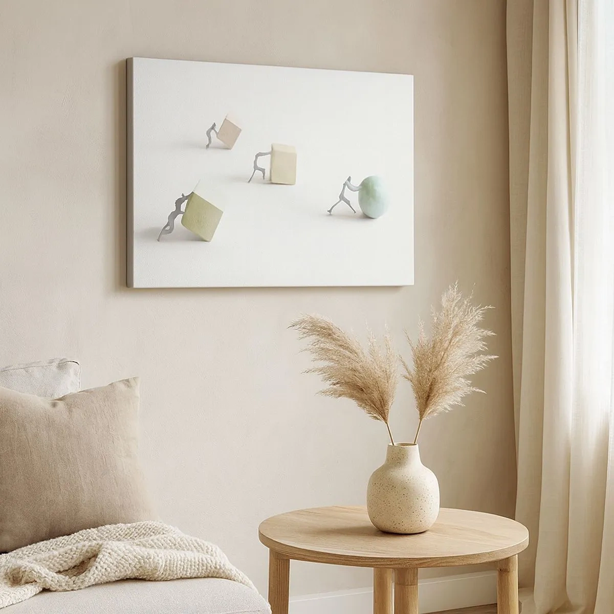 Obraz na płótnie - Miniaturowe postacie pchające kształty na jasnym tle - 70x50cm - Samo życie - Nowoczesna dekoracja ścienna do salonu i sypialni ARTTOR