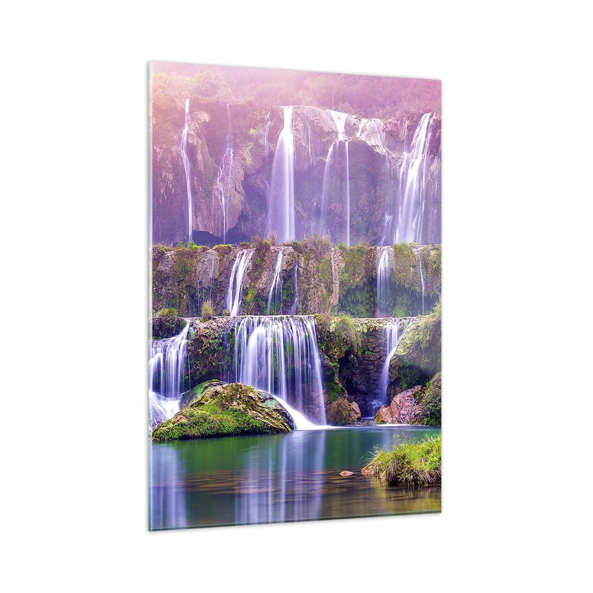 Obraz na szkle - Malownicze wodospady spływające po zielonych skałach o zachodzie słońca - 50x70cm - Schody do nieba - Nowoczesna dekoracja ścienna do salonu, kuchni i sypialni ARTTOR