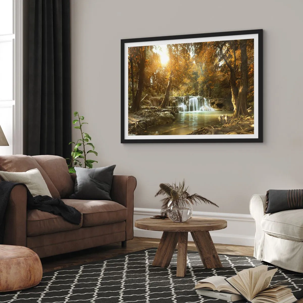 Plakat w czarnej ramie - Jesienny krajobraz z wodospadem - 100x70cm - Parkowa kaskada - Nowoczesna dekoracja ścienna do salonu i sypialni ARTTOR