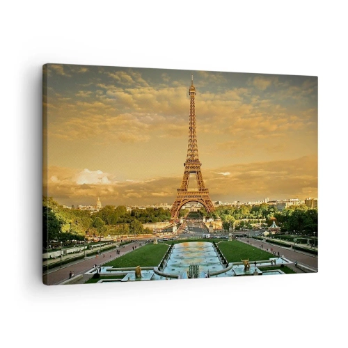 Obraz na płótnie - Wieża Eiffla w Paryżu o zachodzie słońca - 70x50cm - Królowa Paryża - Nowoczesna dekoracja ścienna do salonu i sypialni ARTTOR
