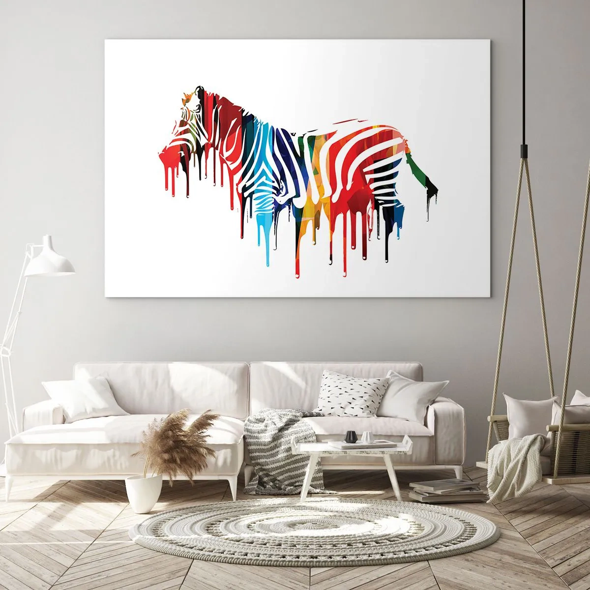 Obraz na szkle - Kolorowa zebra w abstrakcyjnej formie z efektem kapiącej farby - 100x70cm - Nie tylko czarno-biały - Nowoczesna dekoracja ścienna do salonu, kuchni i sypialni ARTTOR