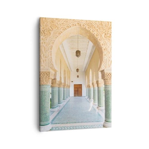 Obraz na płótnie - Orientalny korytarz z bogato zdobionymi łukami i mozaikowymi kolumnami - 50x70cm - Z opowieści Szeherezady - Nowoczesna dekoracja ścienna do salonu, kuchni i sypialni ARTTOR