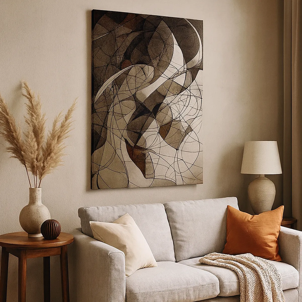 Obraz na płótnie - Abstrakcyjna kompozycja geometrycznych linii w odcieniach brązu i beżu - 50x70cm - Cyrkulacja barw ziemi - Nowoczesna dekoracja ścienna do salonu, kuchni i sypialni ARTTOR