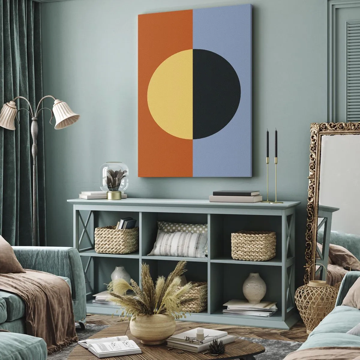 Obraz na płótnie - Geometryczna kompozycja z kołem na podzielonym tle w kolorach pomarańczowym i niebieskim - 50x70cm - Kompozycja ciepła i chłodu - Nowoczesna dekoracja ścienna do salonu, kuchni i sypialni ARTTOR