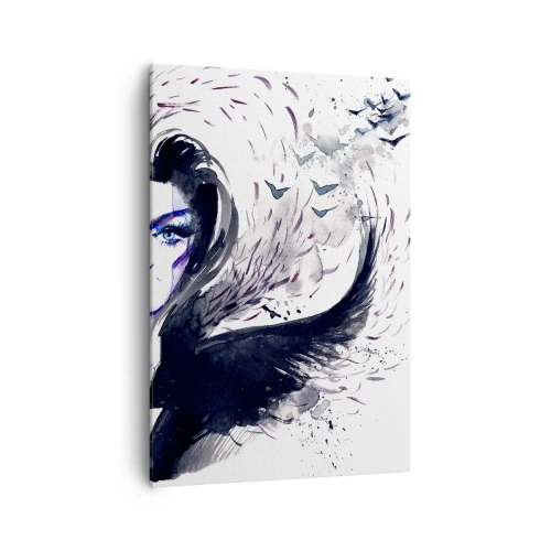 Obraz na płótnie - Abstrakcyjna twarz z kontrastowymi elementami i motywem skrzydeł - 70x100cm - Demoniczna i piękna - Nowoczesna dekoracja ścienna do salonu i sypialni ARTTOR