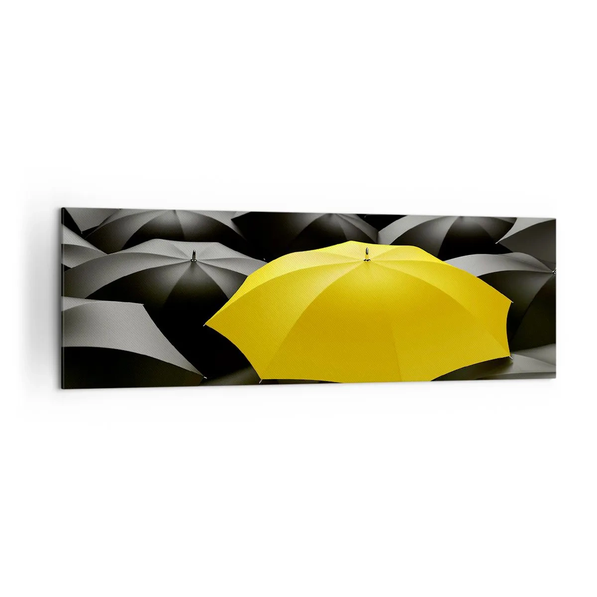 Obraz na płótnie - Żółty parasol wśród czarnych parasoli - 160x50cm - Żegnaj smutku - Nowoczesna dekoracja ścienna do salonu i sypialni ARTTOR