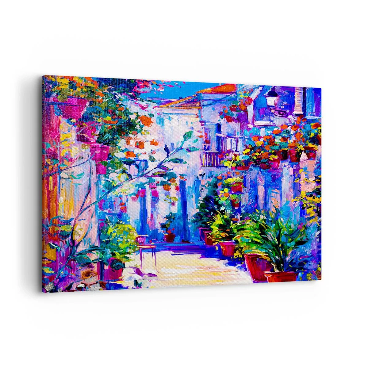 Obraz na płótnie - Kolorowa uliczka pełna kwiatów - 100x70cm - Impresja - włoska uliczka - Nowoczesna dekoracja ścienna do salonu, kuchni i sypialni ARTTOR