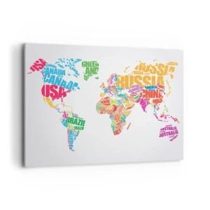 Obraz na płótnie - Kolorowa mapa świata z nazwami państw - 100x70cm - Chcę poznać wszystkie - Nowoczesna dekoracja ścienna do salonu, kuchni i sypialni ARTTOR