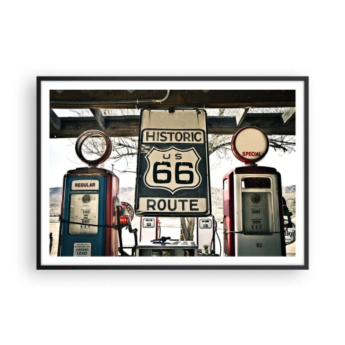 Plakat w czarnej ramie - Historyczna stacja benzynowa z symbolem Route 66 - 100x70cm - Amerykańska retro podróż - Nowoczesna dekoracja ścienna do salonu i sypialni ARTTOR