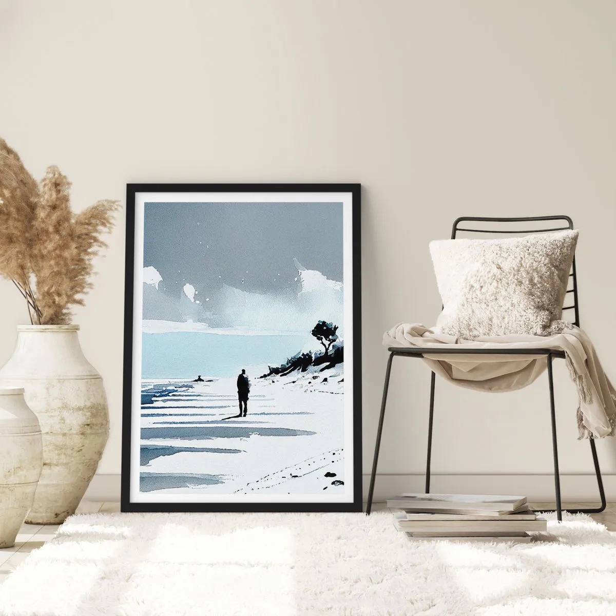 Plakat w czarnej ramie - Samotna postać na plaży w akwarelowej tonacji - 50x70cm - Sam na sam - Nowoczesna dekoracja ścienna do salonu i sypialni ARTTOR