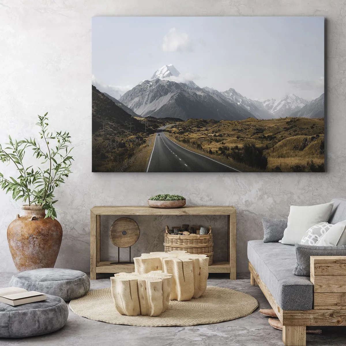 Obraz na płótnie - Droga w górach otoczona malowniczym krajobrazem - 70x50cm - Droga do serca gór - Nowoczesna dekoracja ścienna do salonu i sypialni ARTTOR
