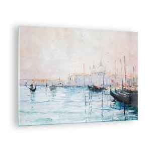 Obraz na szkle - Impresjonistyczny pejzaż z łodziami i budynkami - 70x50cm - Za wodą, za mgłą - Nowoczesna dekoracja ścienna do salonu i sypialni ARTTOR