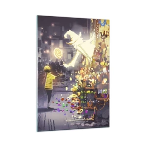 Obraz na szkle - Dziecko w jasnej koszulce przy świetlistym stoisku pełnym kolorowych słodyczy - 50x70cm - Czary istnieją - Nowoczesna dekoracja ścienna do salonu, kuchni i sypialni ARTTOR